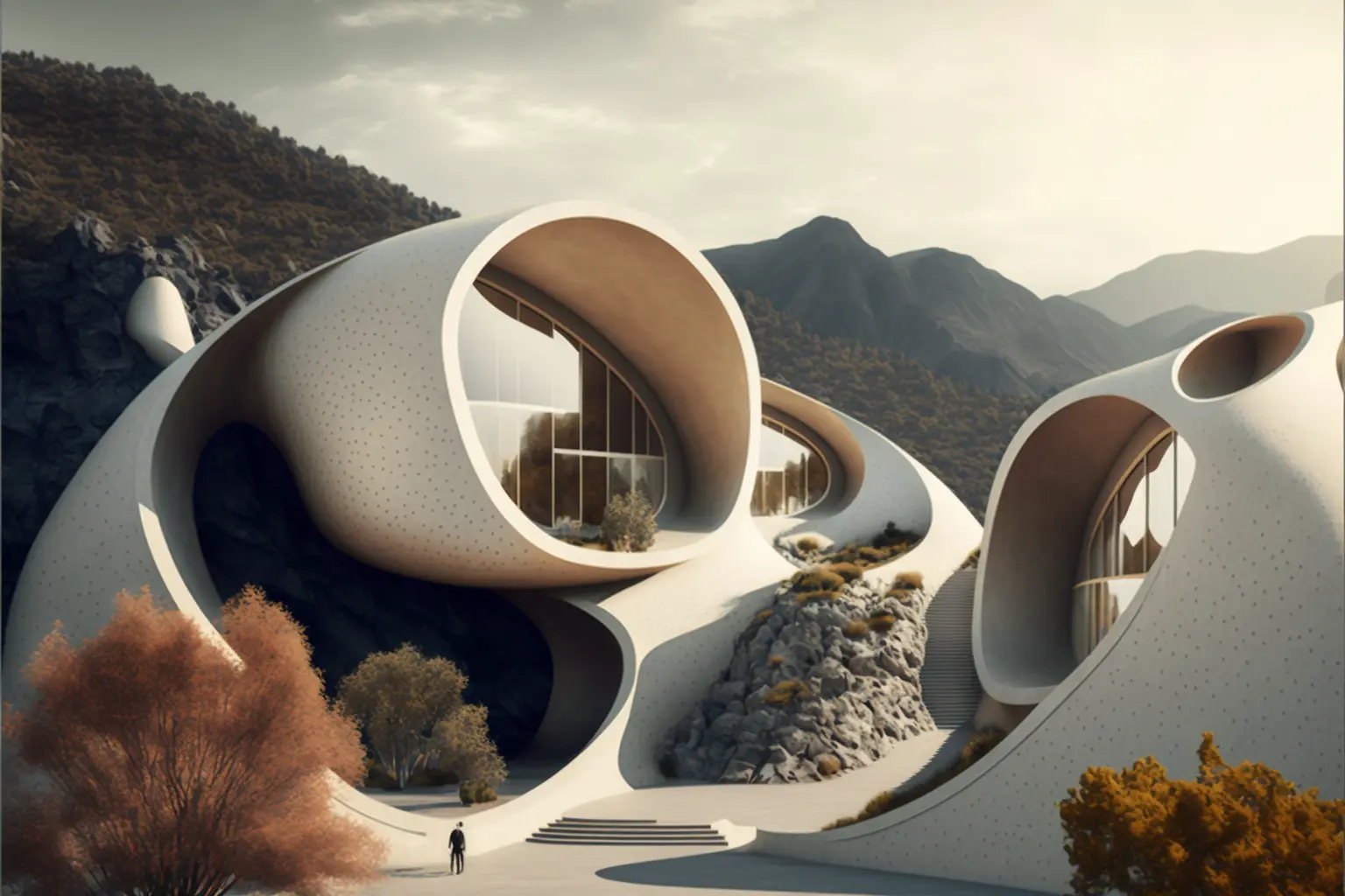 organic resort embed into a series of hills, designed by Ando Tadao, architectural photography, style of archillect, futurism, modernist architecture